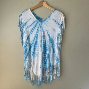 Blue White Tie-Dye Fringe Top By Ocean Drive  Rayon S‎